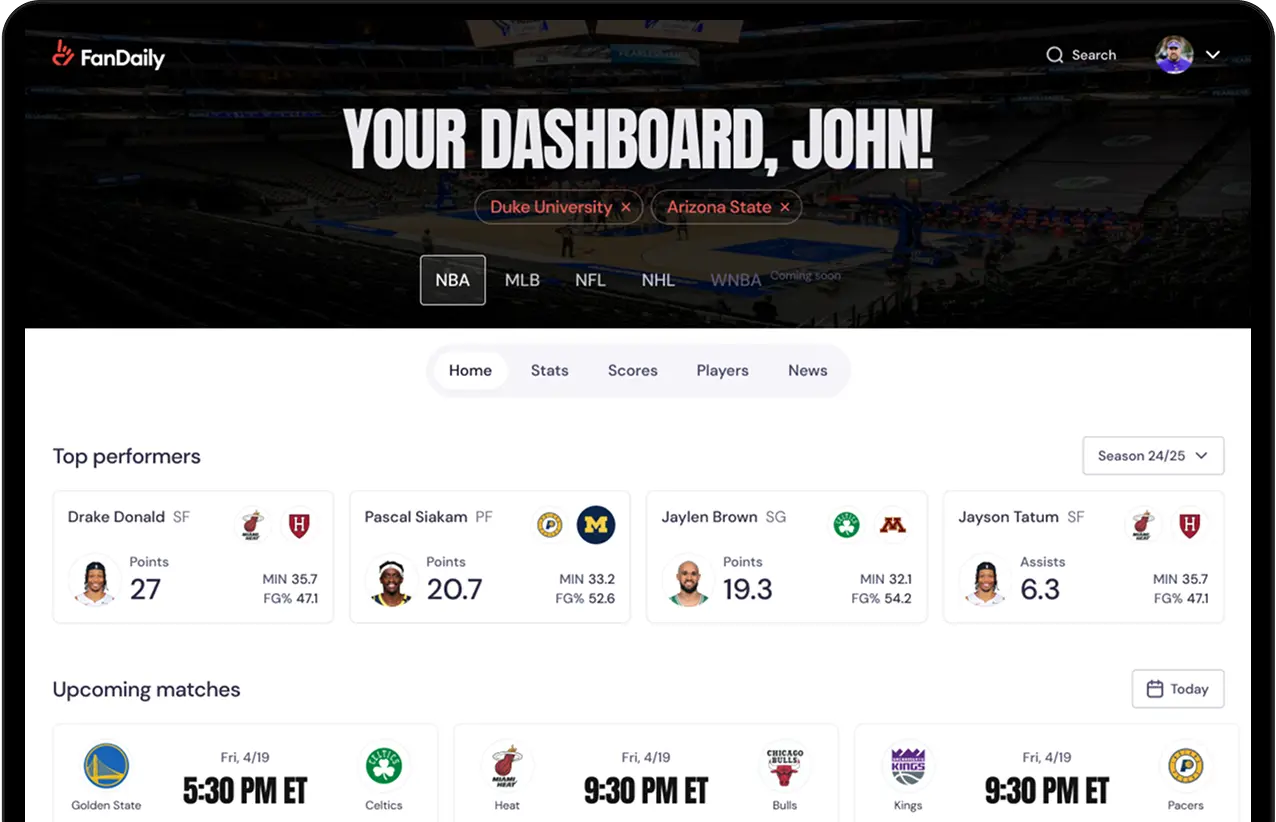 Screenshot of your dashboard featuring pro players from your favorite schools